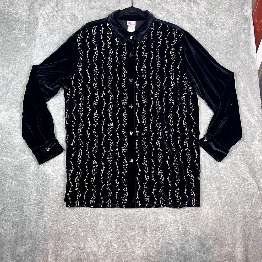 Disney Store Velvet Mickey Mouse Floral Button Up Shirt Embroidered Womens XL